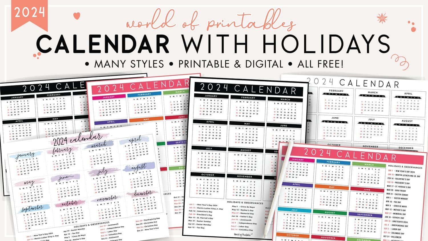 2025 calendar with holidays free printables in 28 unique styles world of printables