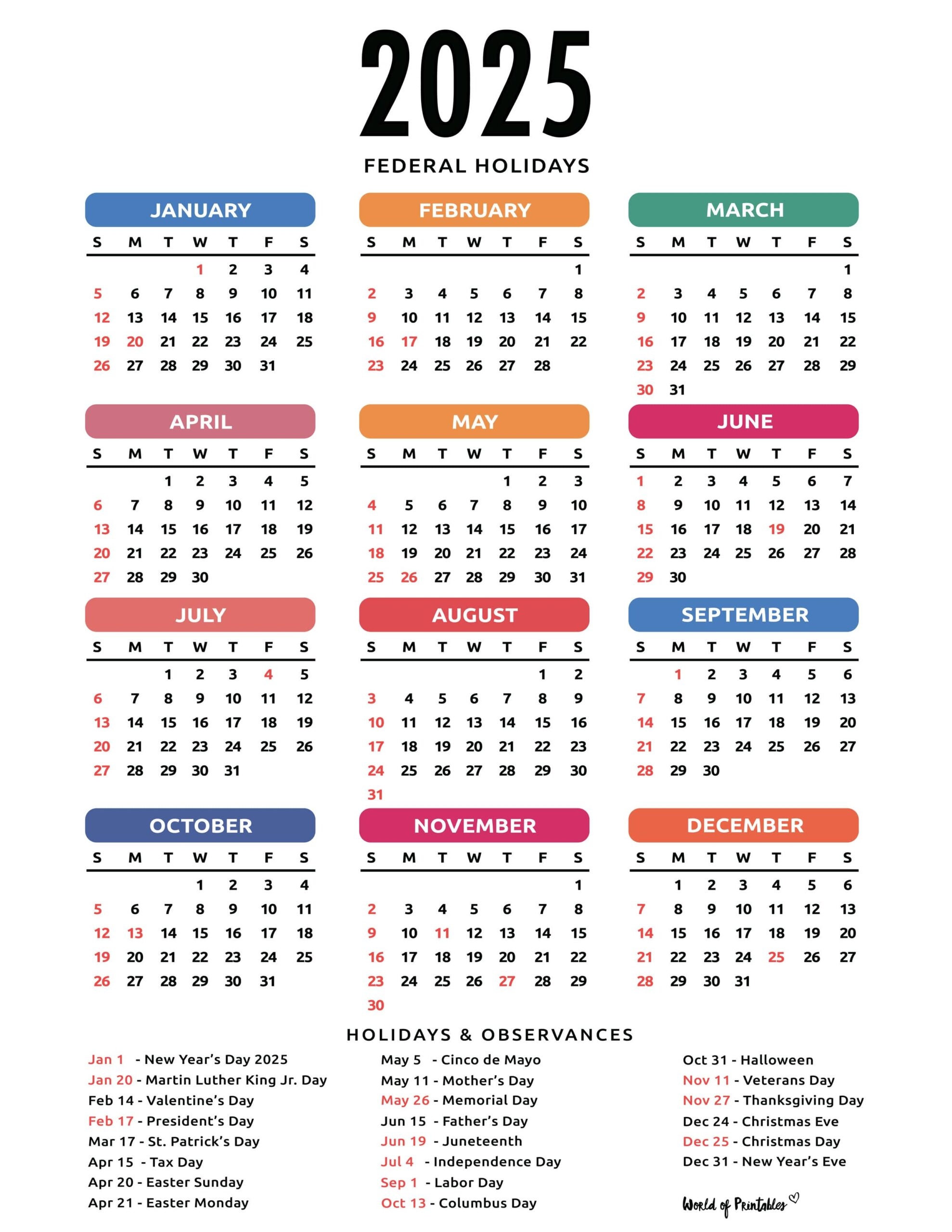 2025 calendar with holidays free printables in 28 unique styles world of printables