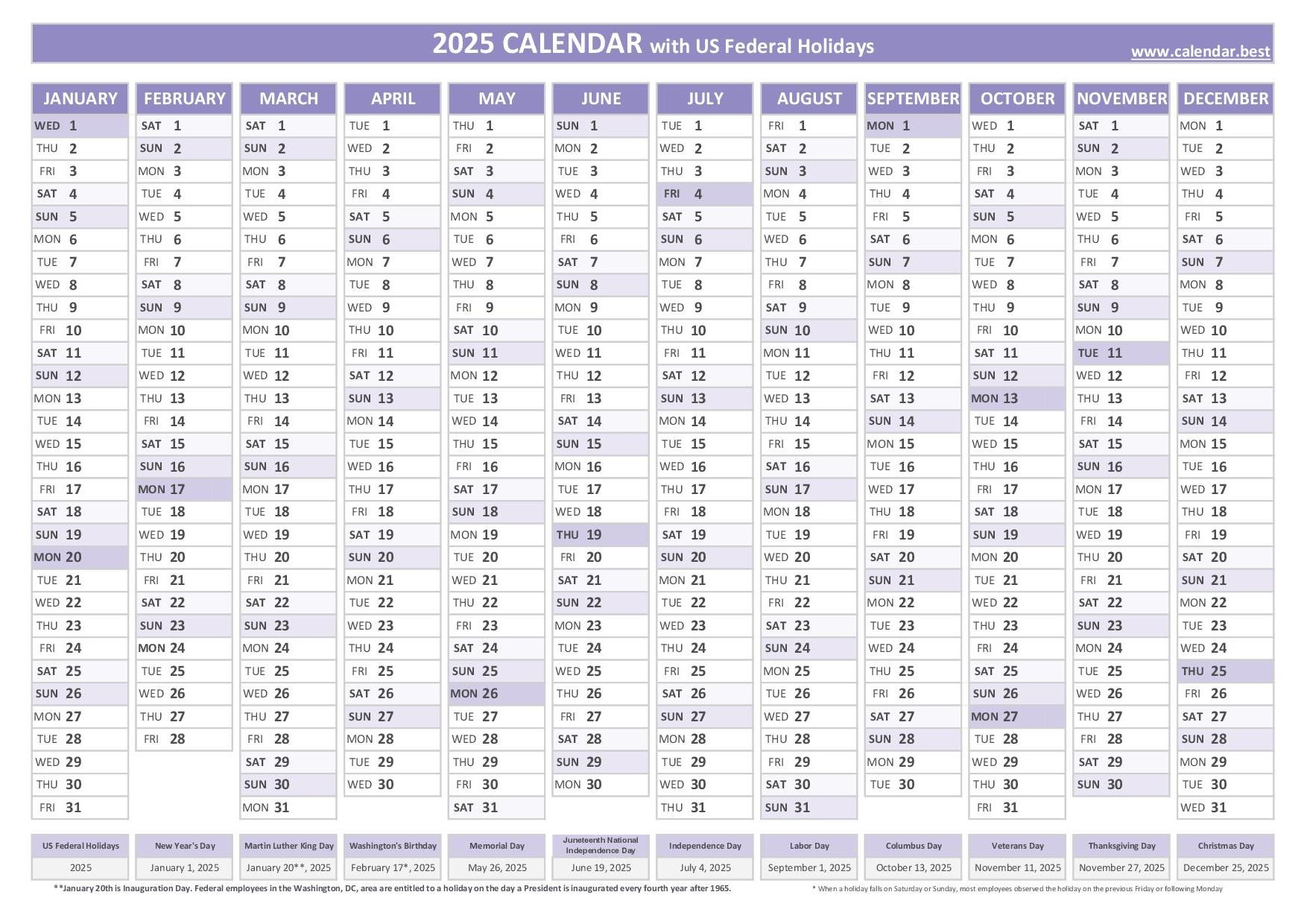 2025 Printable Year Calendar With Federal Holidays