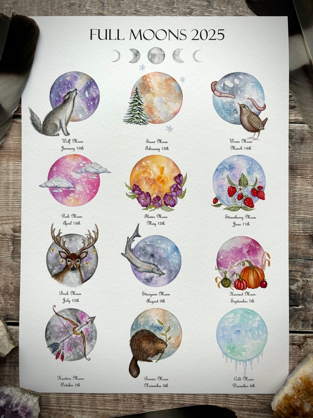 2025 Full Moon Calendar A4 Print Wolf Moon Art