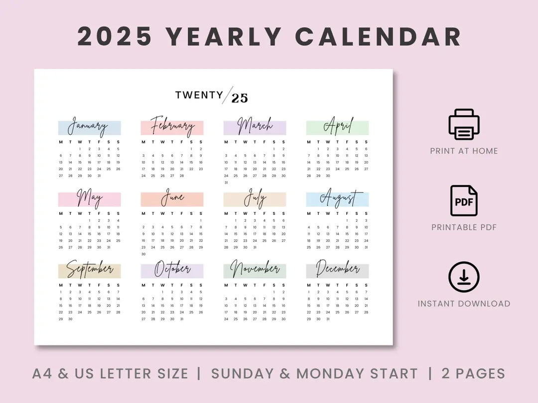 2025 landscape yearly calendar printable 2025 calendar sunday monday start printable calendar year at a glance a4 a5 letter size etsy