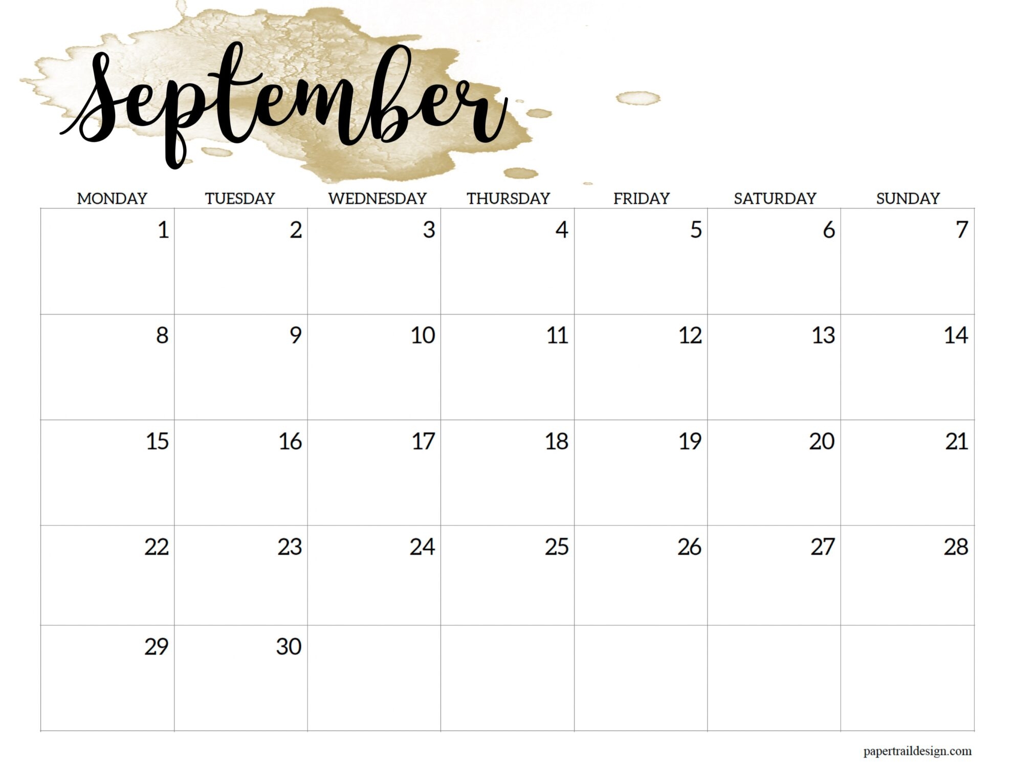 2025 monday start calendar printable watercolor paper trail design