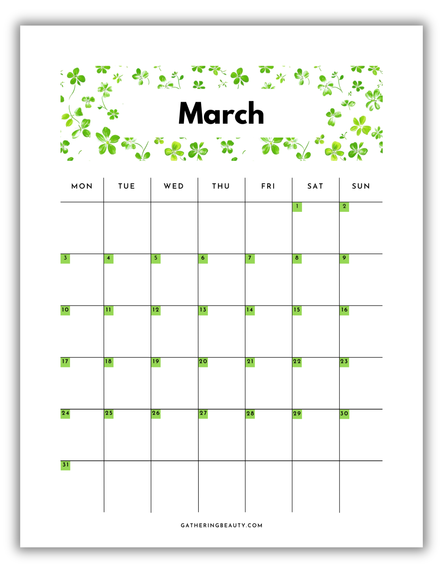 2025 monthly calendar printable gathering beauty