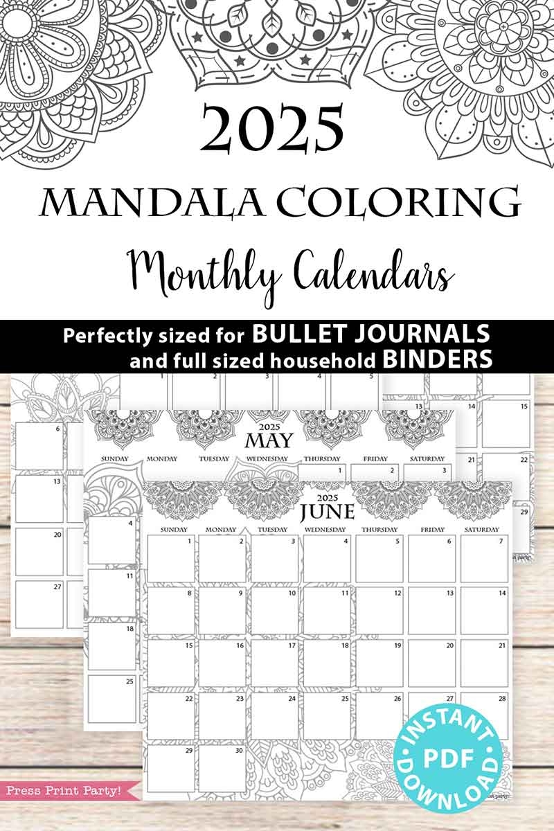 2025 monthly calendars for bullet journals or binders mandala