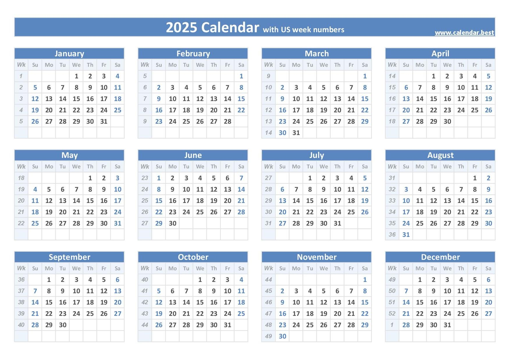 2025 printable calendar with week numbers and holidays