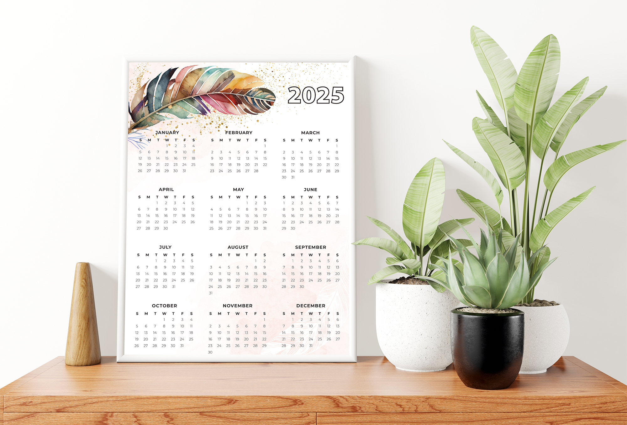 2025 printable calendar year at a glance boho feather watercolor 16 x 20 8 x 10 instant download portrait planner printables by cottonwood whispers