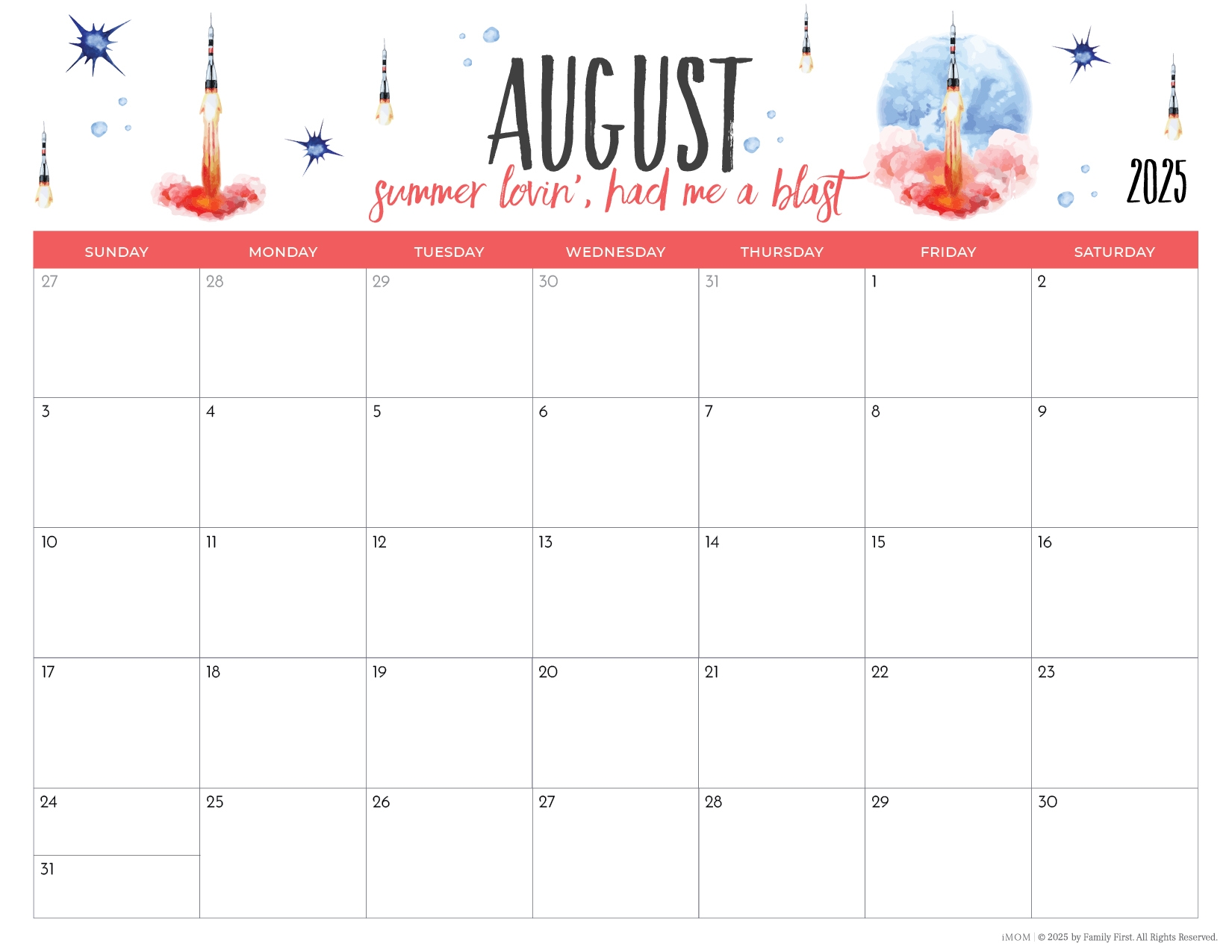 Blank Calendar 2026 August Printable