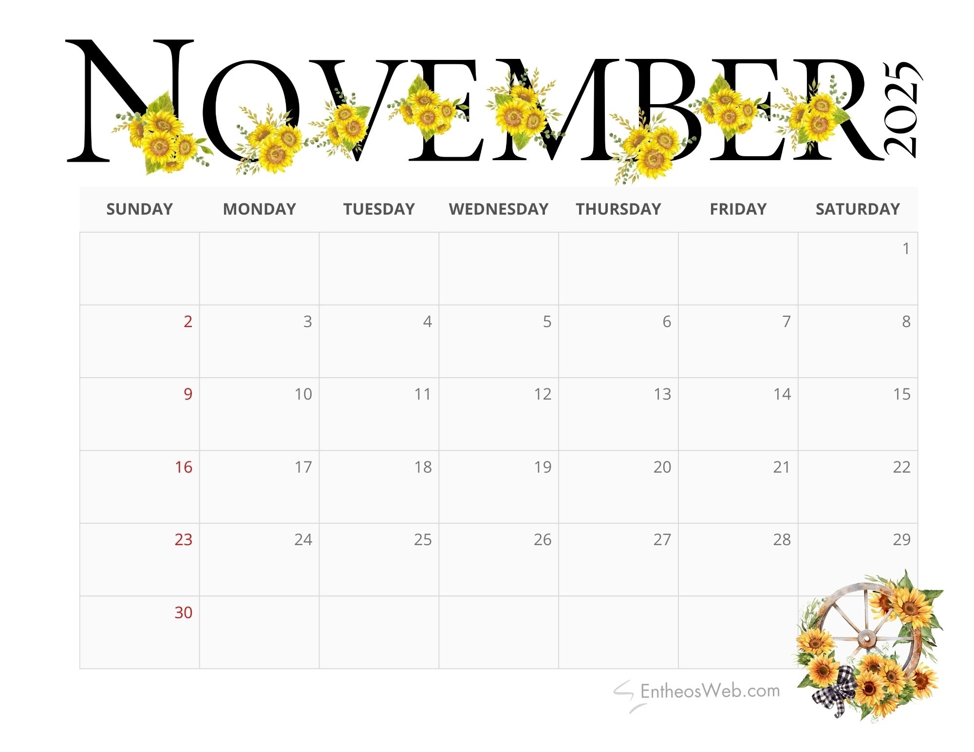 Monthly Printable Calendar November 2025