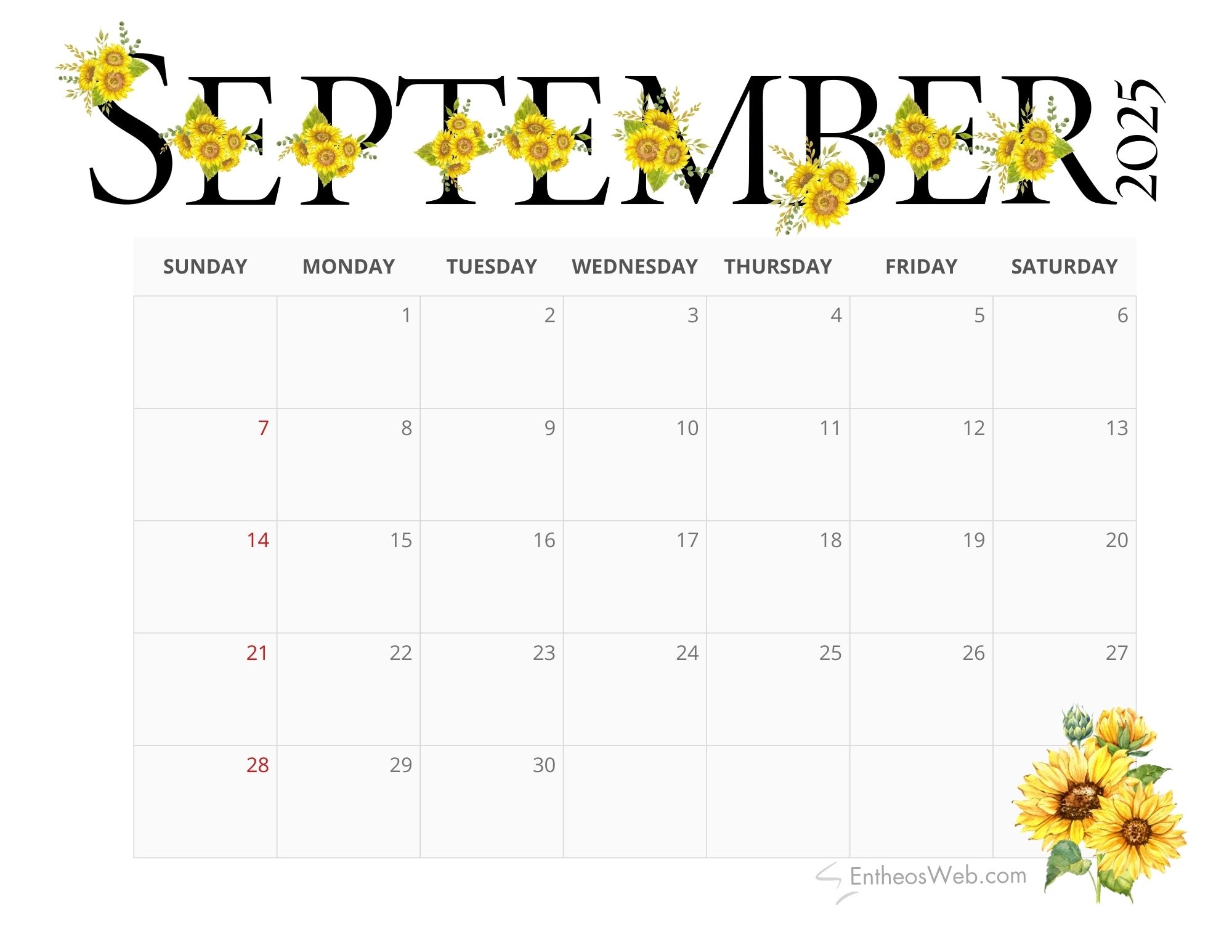 2025 sunflowers calendar printable entheosweb
