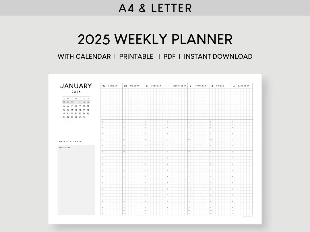 2025 weekly planner with calendar a4 letter dated hourly printable template 52 week schedule desk planner week at a glance etsy
