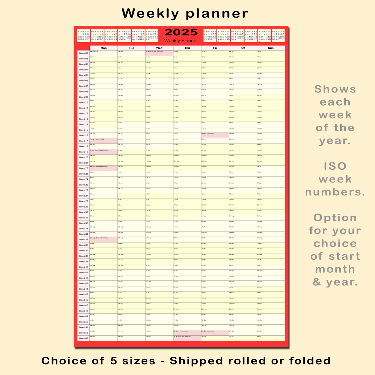 2025 weekly wall planner calendar iso week numbers 5 sizes 10 colours roll fold ebay
