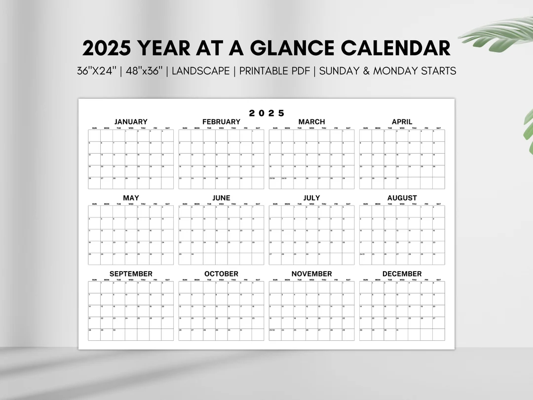 2025 year at a glance calendar large horizontal 2025 calendar printable giant 2025 planner single page instant download pdf file etsy