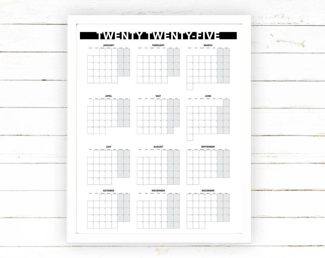 2025 yearly calendar monthly view printable blank dated month by month year view extra large wall calendar digital printable etsy