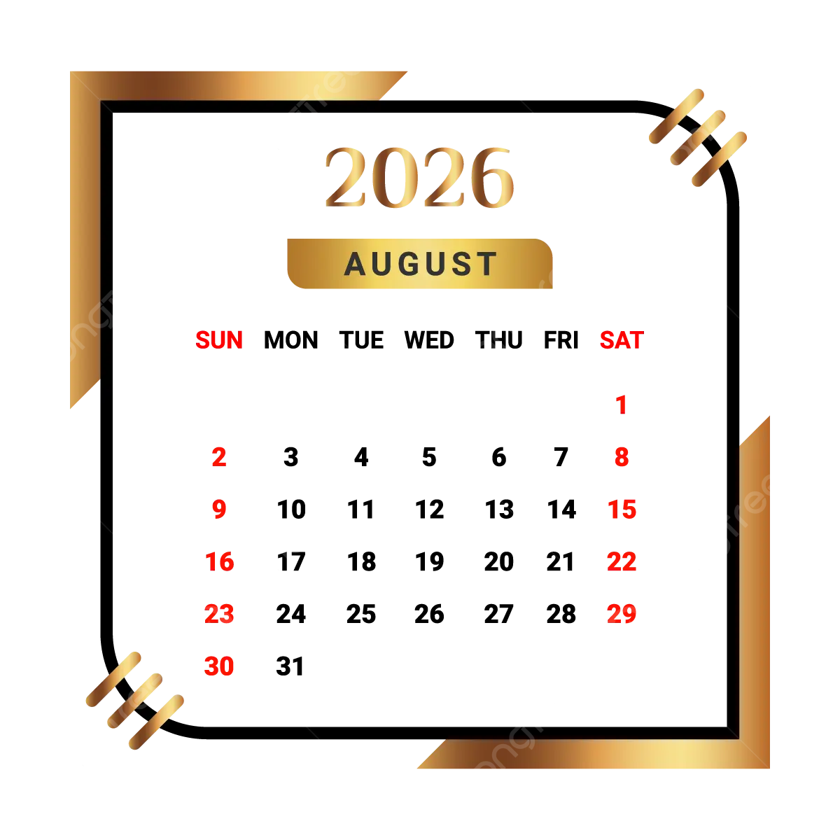 2026 August Month Calendar With Black And Golden Vector Monthly Calendar Calendar August 2026 PNG And Vector With Transparent Background For Free Download