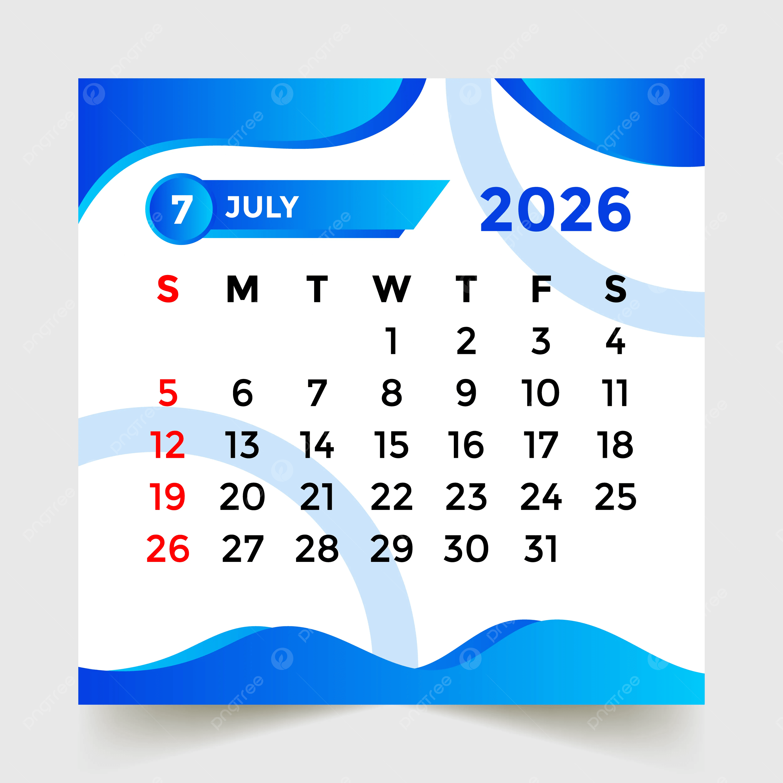 2026 Calendar July Month Vector Template Download On Pngtree