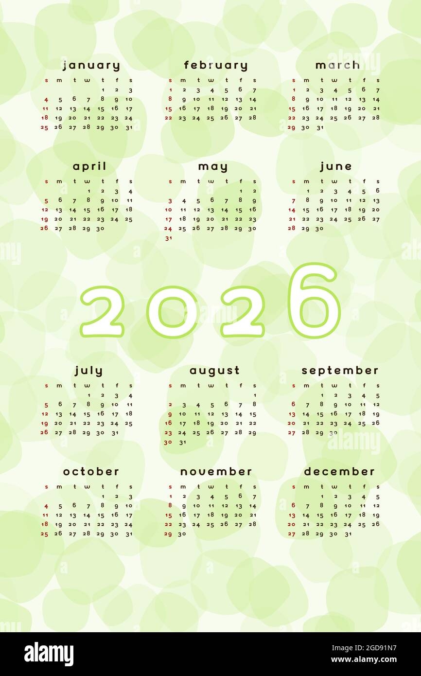 2026 Calendar Template Vertical Format Lime Green Abstract Background With Hand Drawn Spot Blob Blot Calendar Design For Print And Digital Week Sta Stock Vector Image Art Alamy