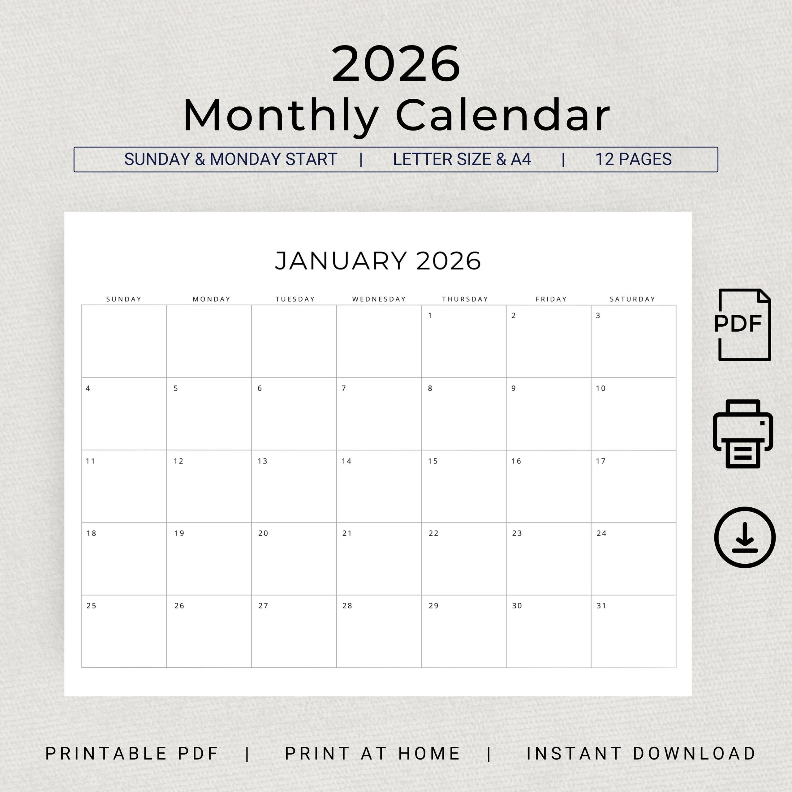 2026 Monthly Calendar PRINTABLE 2026 Monthly Planner Landscape 2026 Minimal Calendar A4 Letter Size Sunday U0026 Monday Start PDF Download Etsy