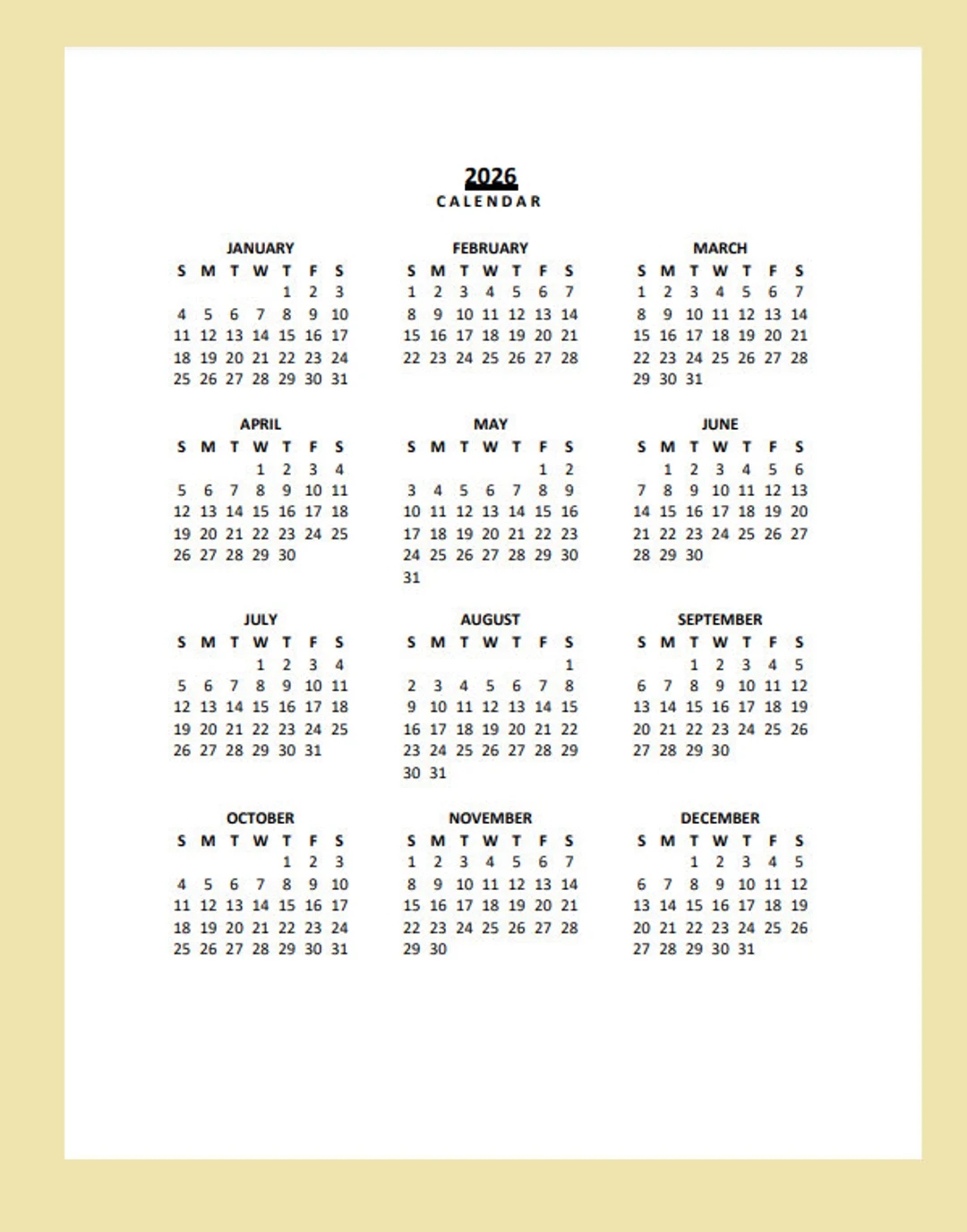 2026 Yearly Calendar Printable Sunday Start Year At A Glance PDF Portrait Etsy