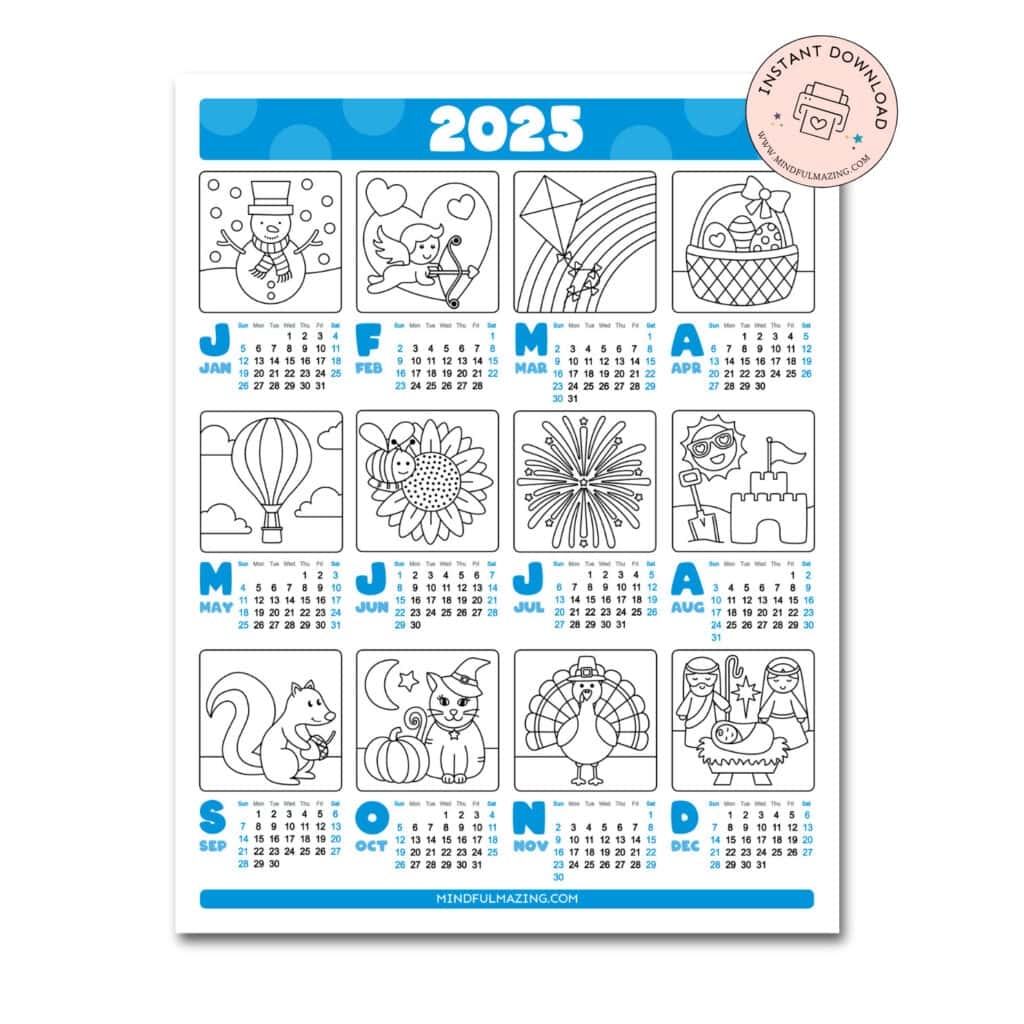 8 free one page yearly calendars for 2025 color draw mindfulmazing