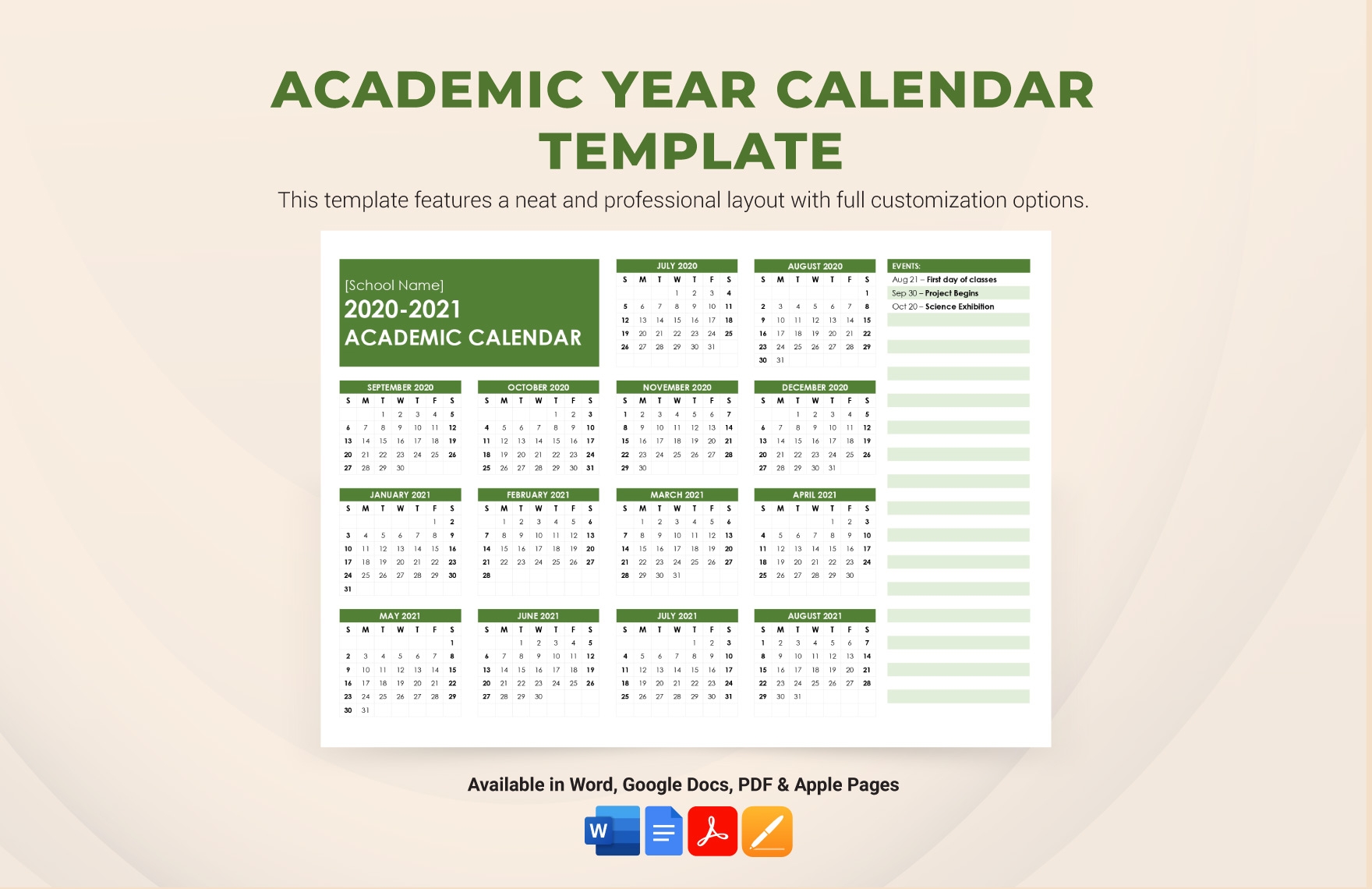 Academic Year Calendar Printable
