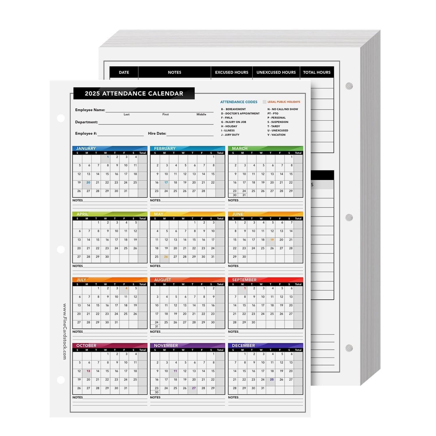 Amazon 2025 Attendance Calendar Card Stock Paper Great Employee Daily Work Tracker Bright Colorful Printed On Durable Thick 80lb Cover Cardstock 3 Hole Punched 8 5