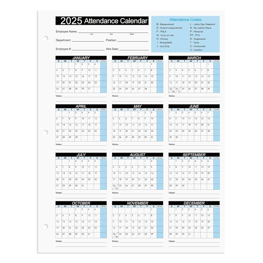 Amazon 2025 Attendance Calendar Work Tracker Attendance Calendar Cards 8 5 X 11 Cardstock Pack Of 25 Sheets Office Products