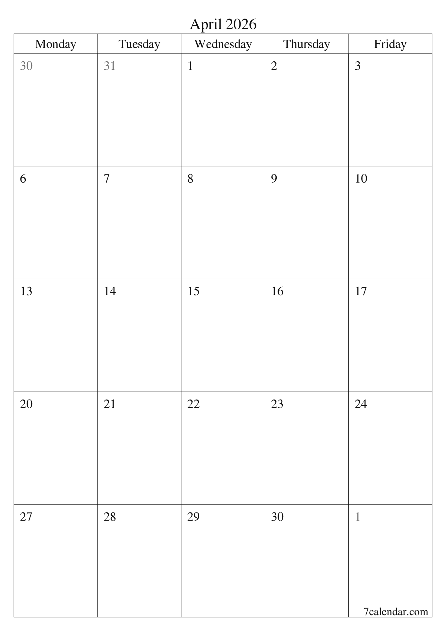 April Calendar 2026 Printable Template 7calendar