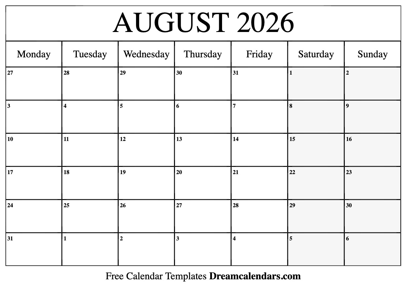 Calendar 2026 Printable August
