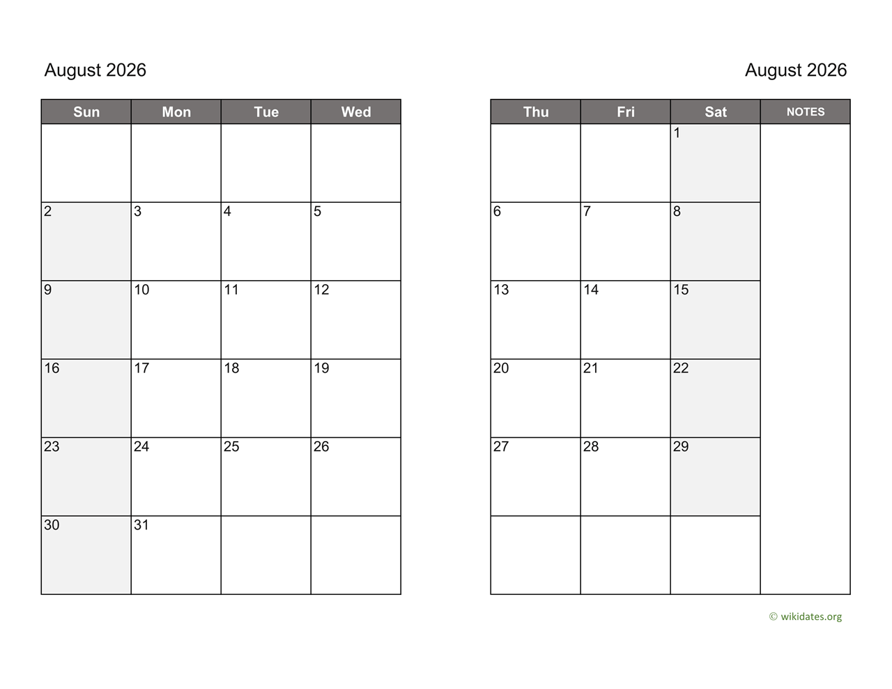 August 2026 Weekly Calendar Printable Free