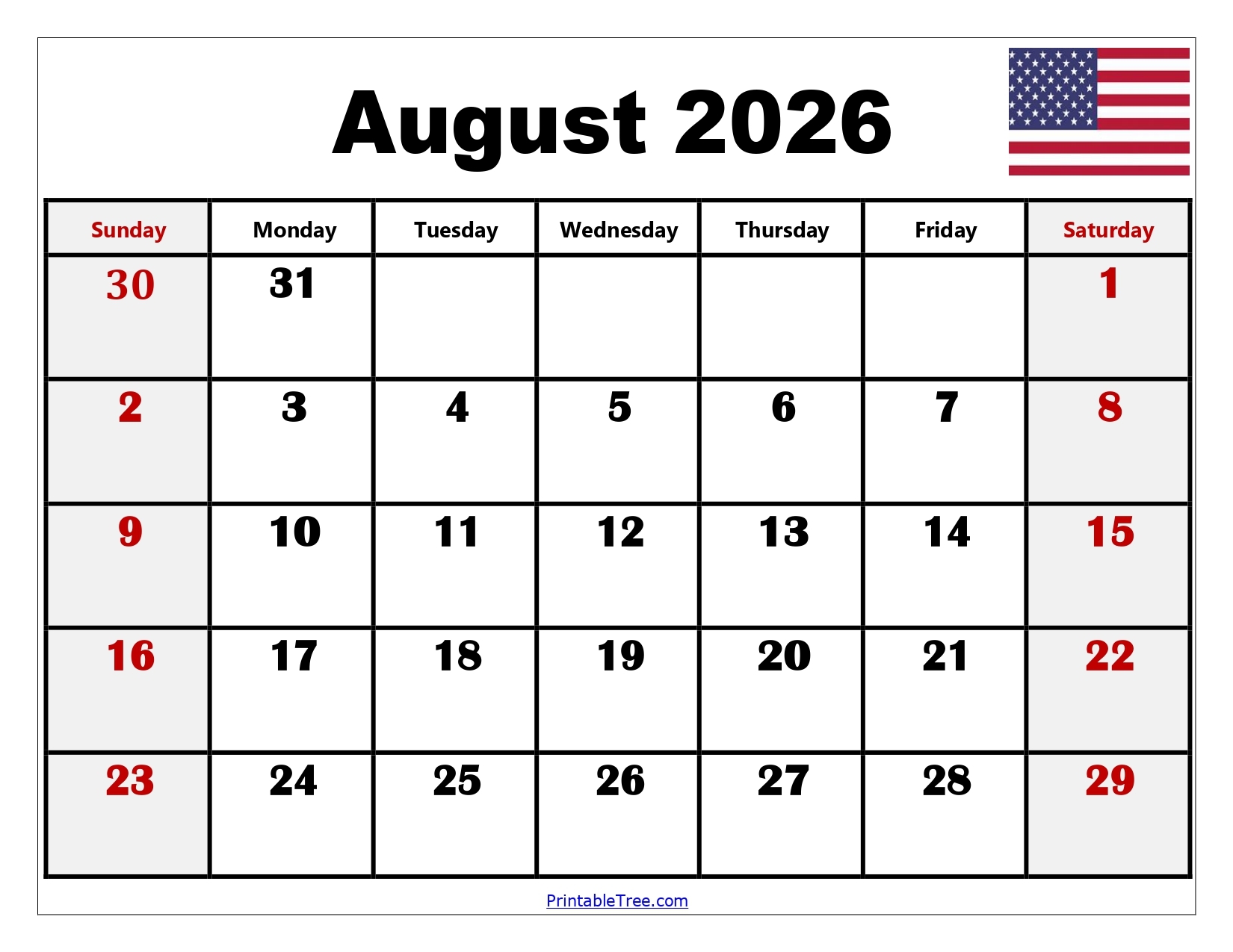 Printable Monthly Calendar 2026 August