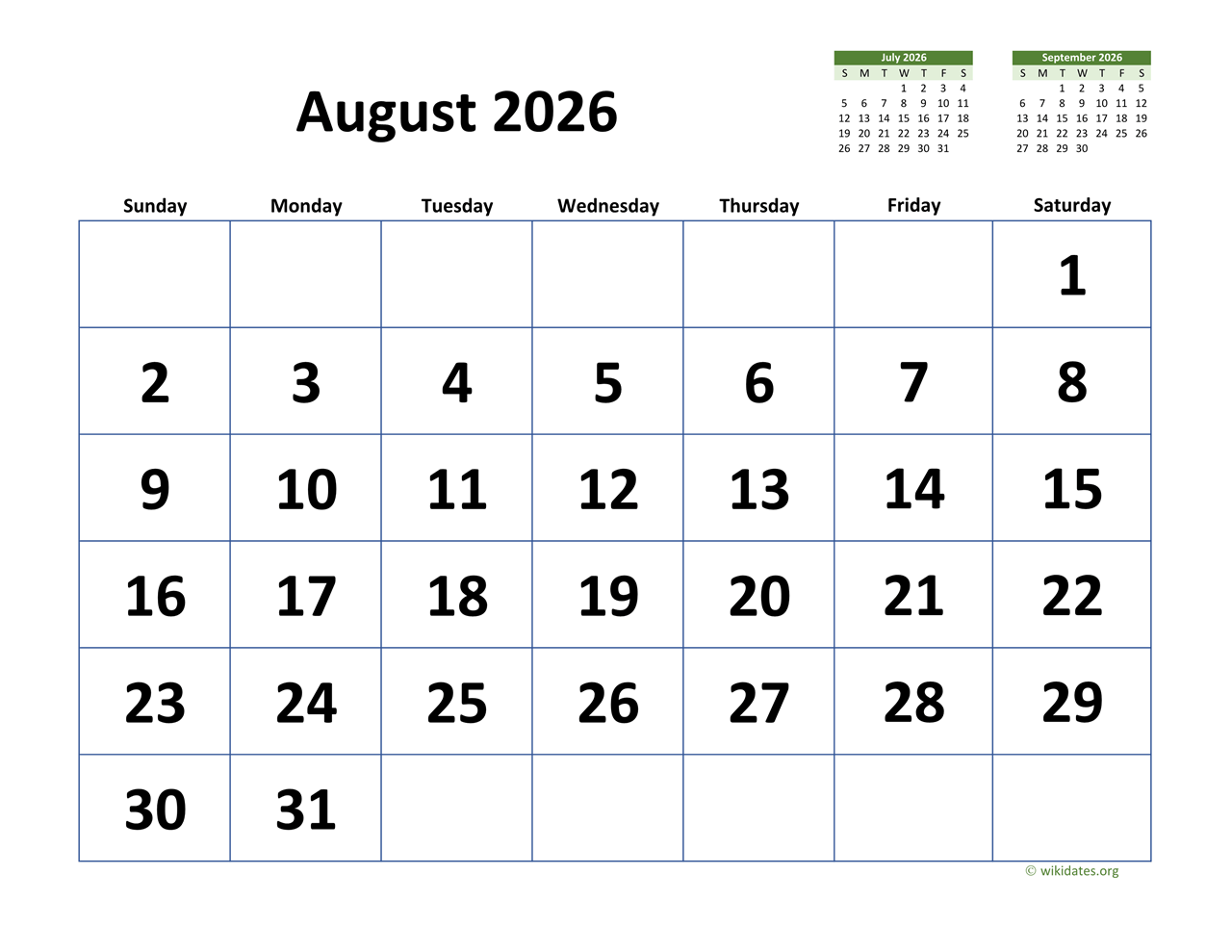 august 2026 calendar with extra large dates wikidates