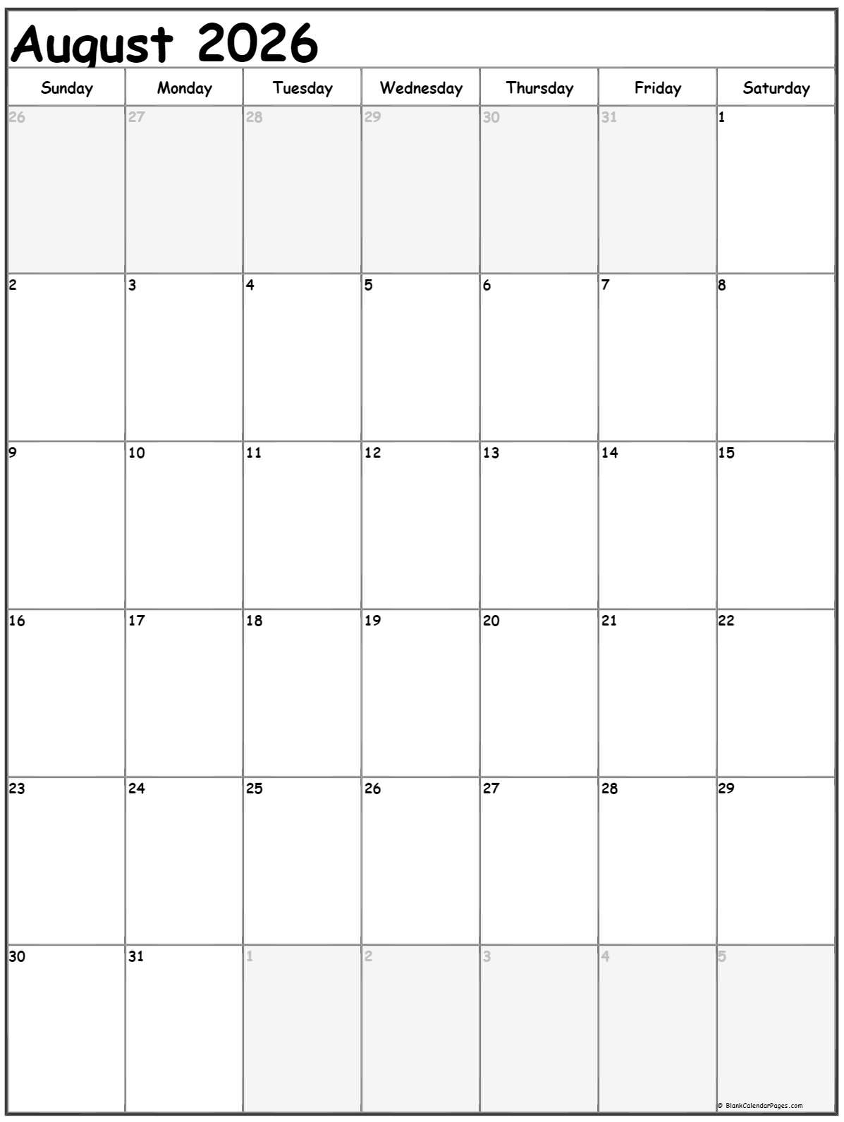 August Printable Calendar 2026 Free