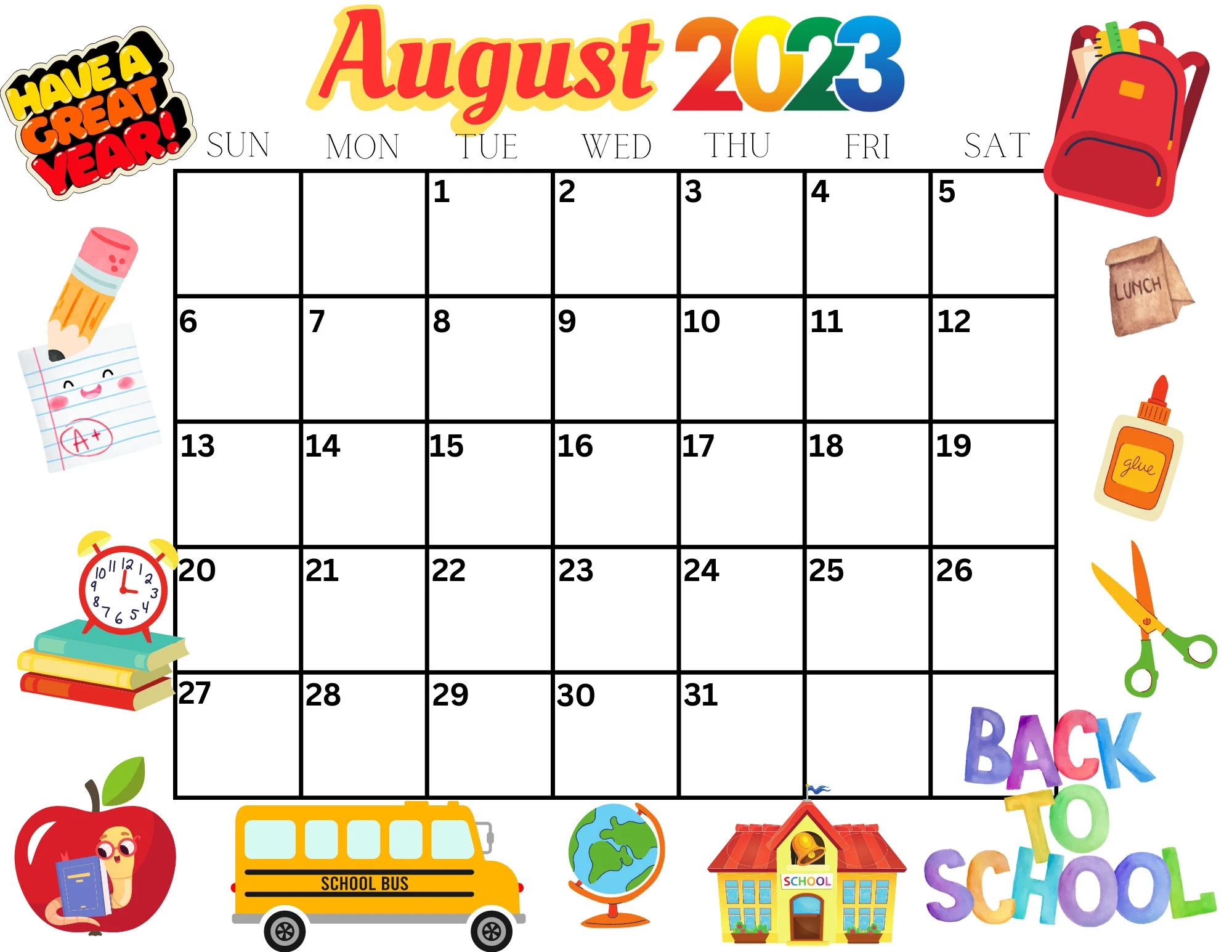 August Printable Monthly Calendar Back To School Etsy