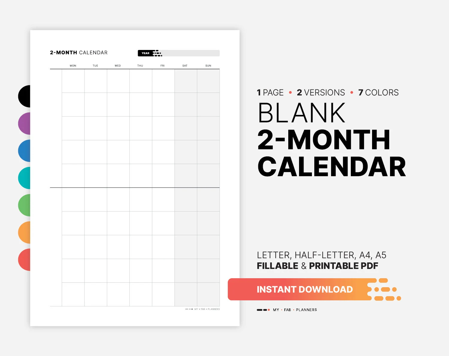 blank 2 month calendar undated multi month at a glance planner printable monthly perpetual digital wall block desk template fillable pdf etsy