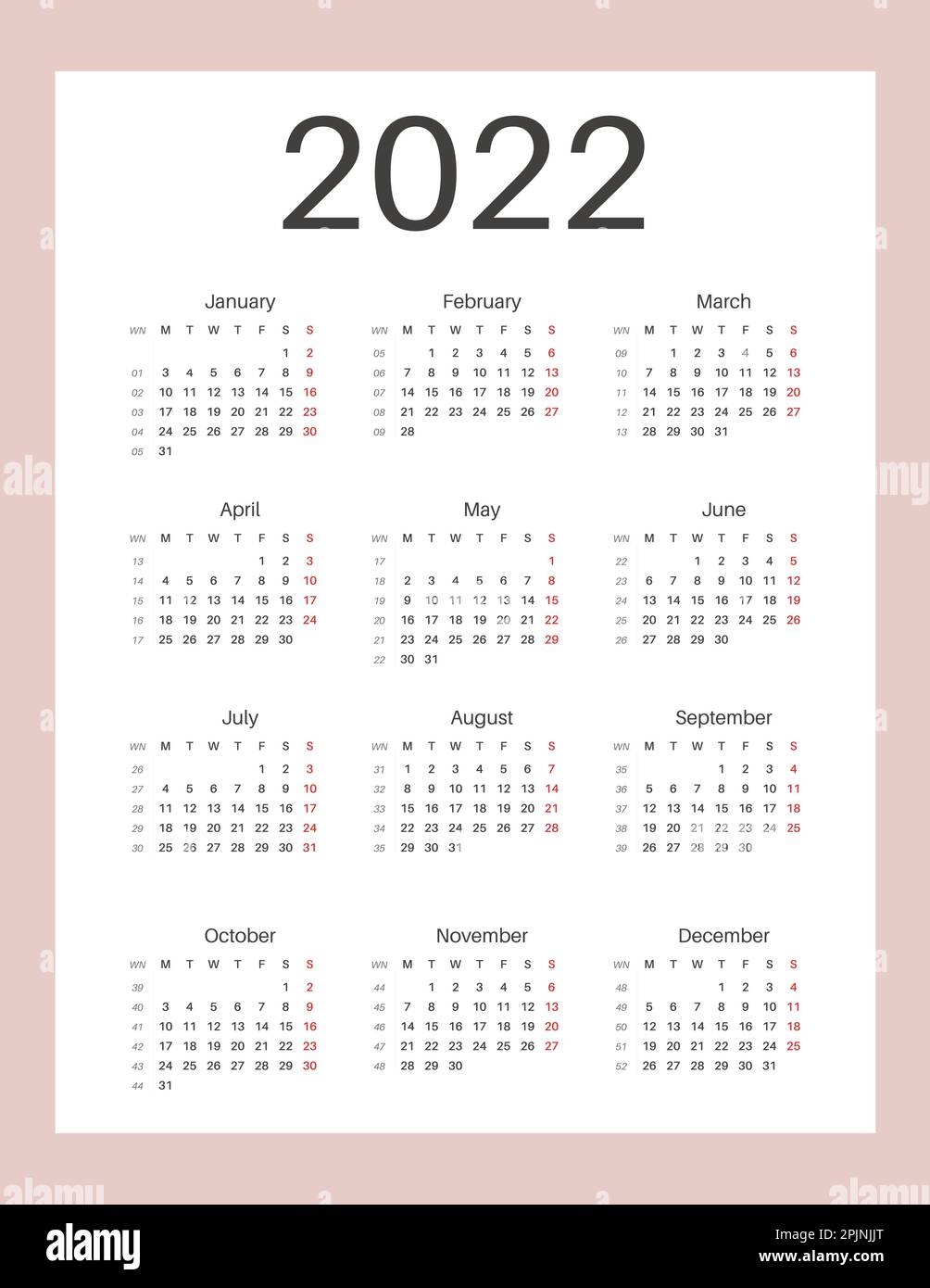 calendar 2022 sunday week start letter size vertical portrait layout printable calendar template for planners week number grunge style typograph stock vector image art alamy
