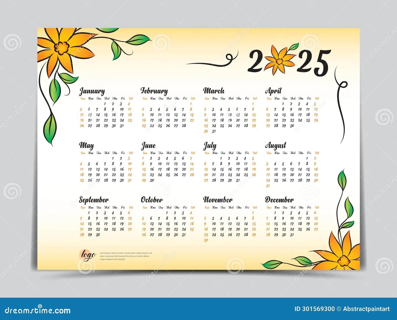 Calendar 2025 Vector Template Yellow Flowers Design Yearly Calendar Organizer For Weeks Week Starts On Sunday Set Of 12 Months Stock Vector Illustration Of Layout July 301569300
