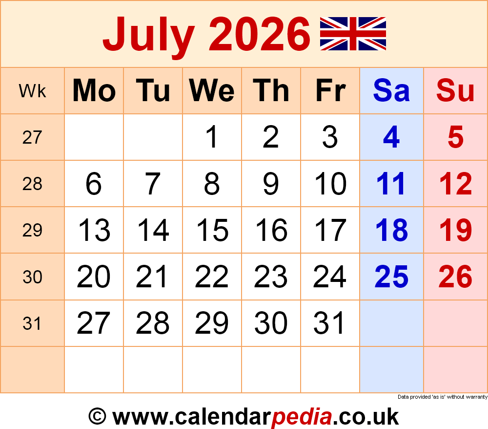 Calendar July 2026 Printable