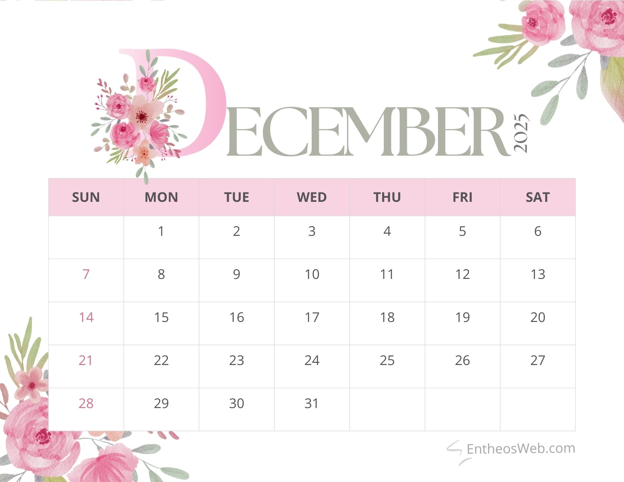 December 2025 Calendar Printables EntheosWeb