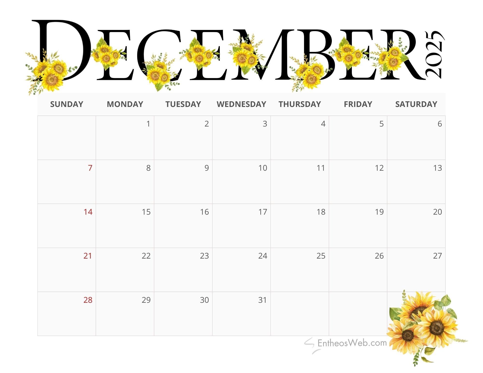 December Printable Calendar 2025