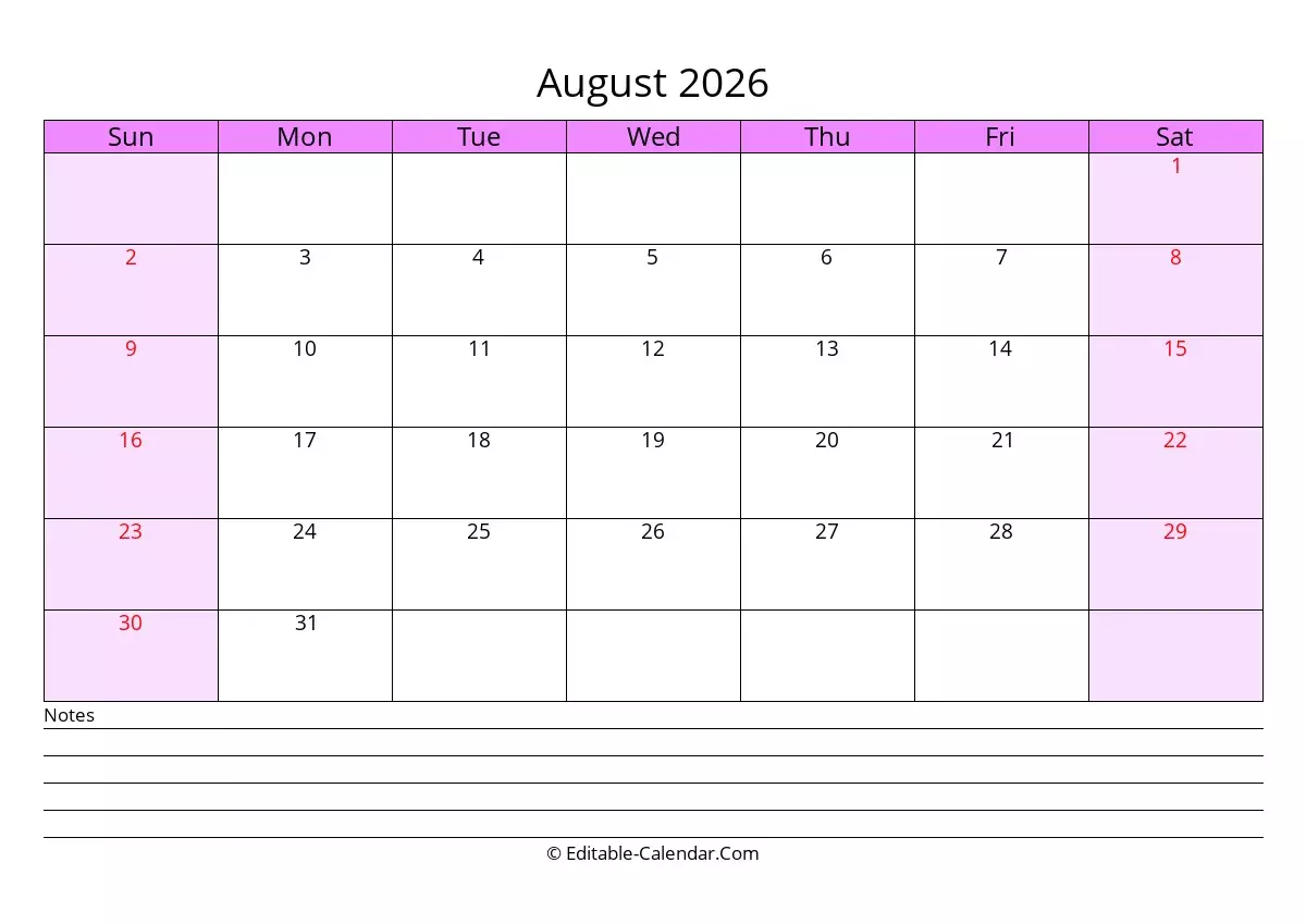 Full Page August Calendar Printable 2026 Full Page August Calendar Printable 2026