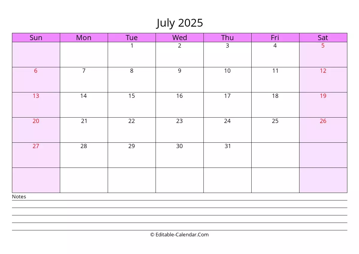 Printable Free Calendar July 2025