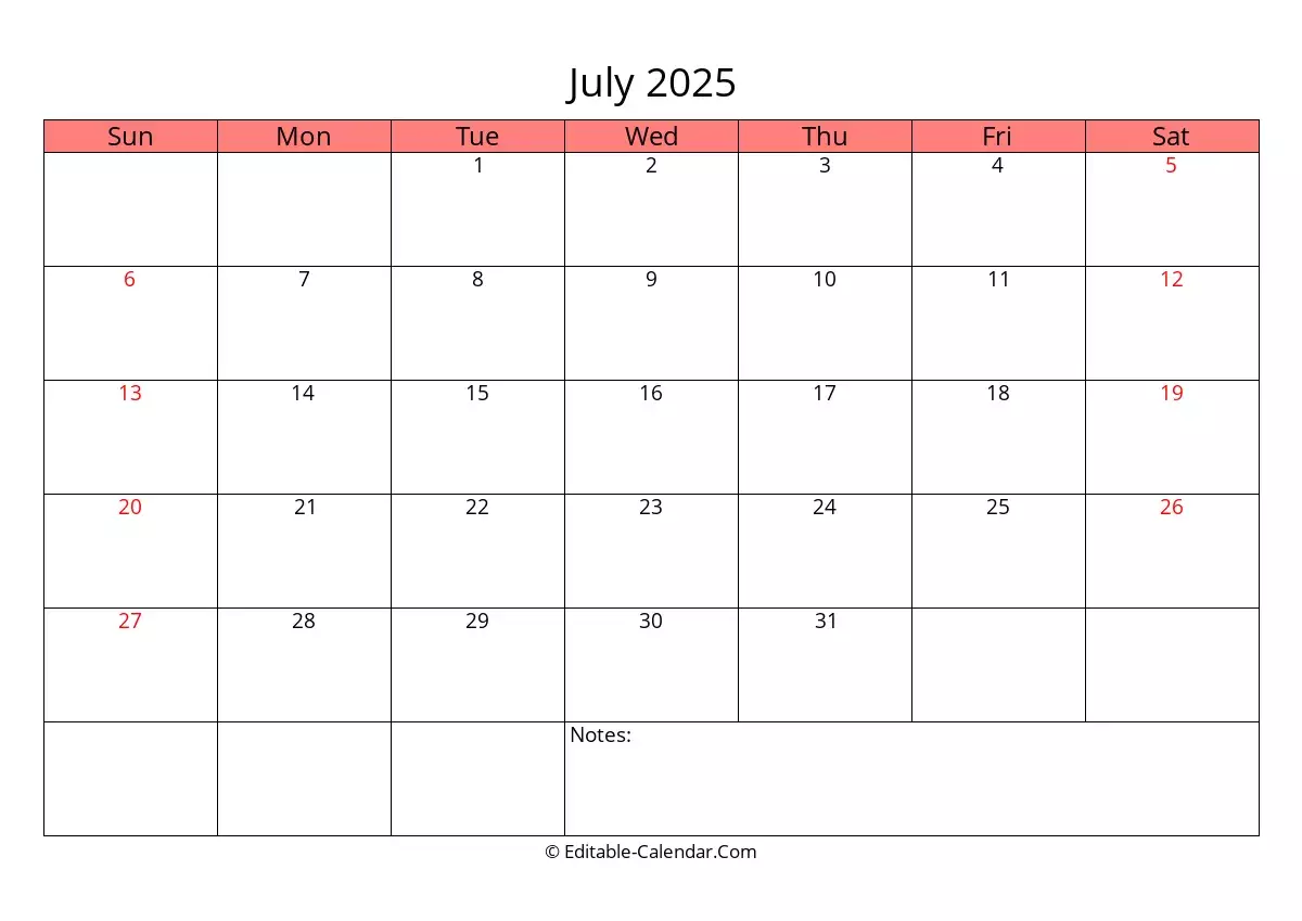 editable calendar july 2025 in excel word pdf