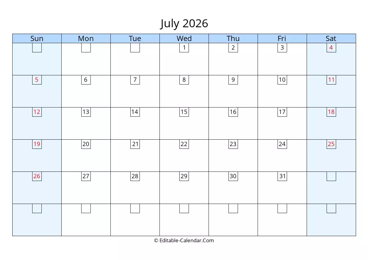 editable calendar july 2026 in excel word pdf