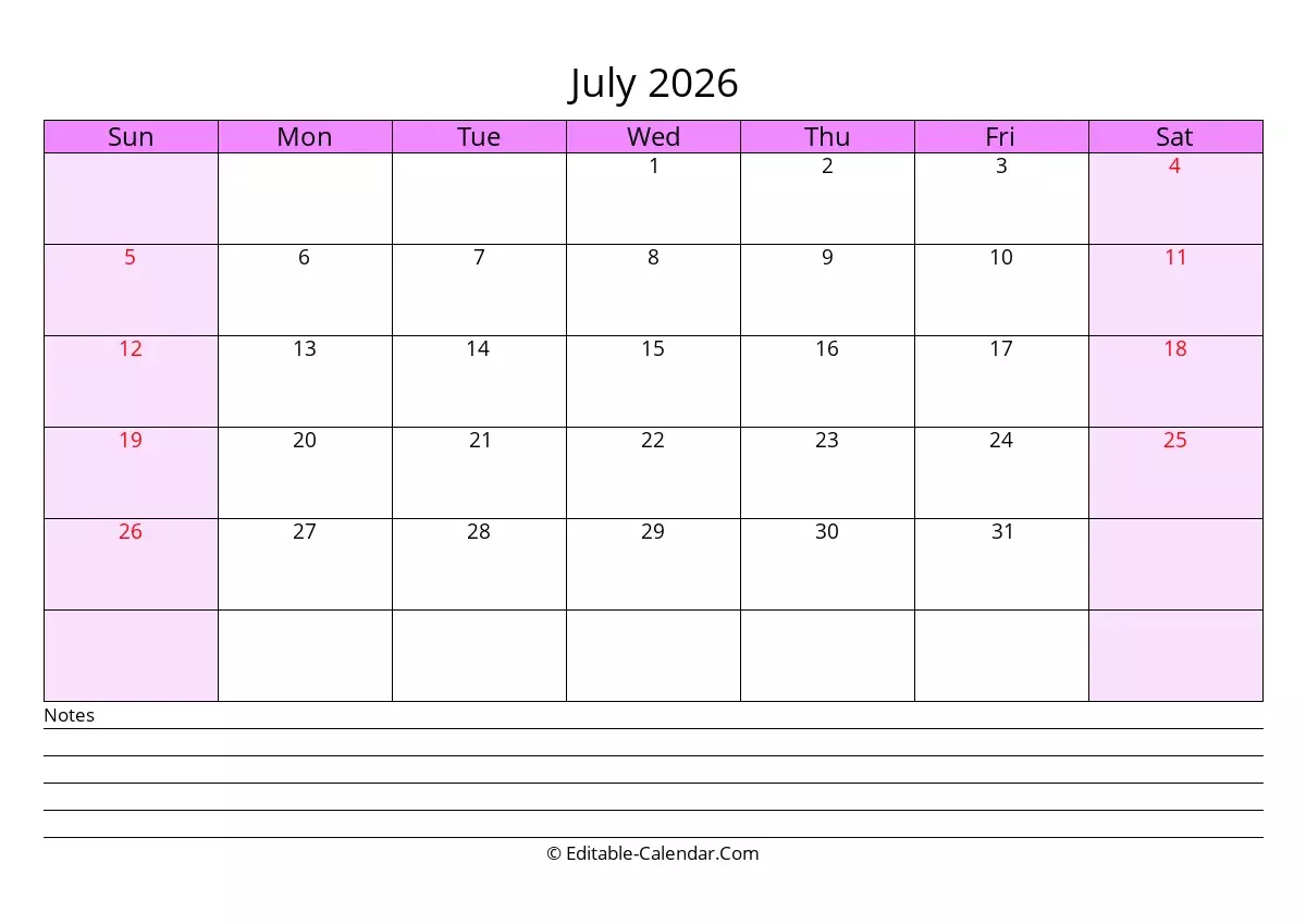 editable calendar july 2026 in excel word pdf
