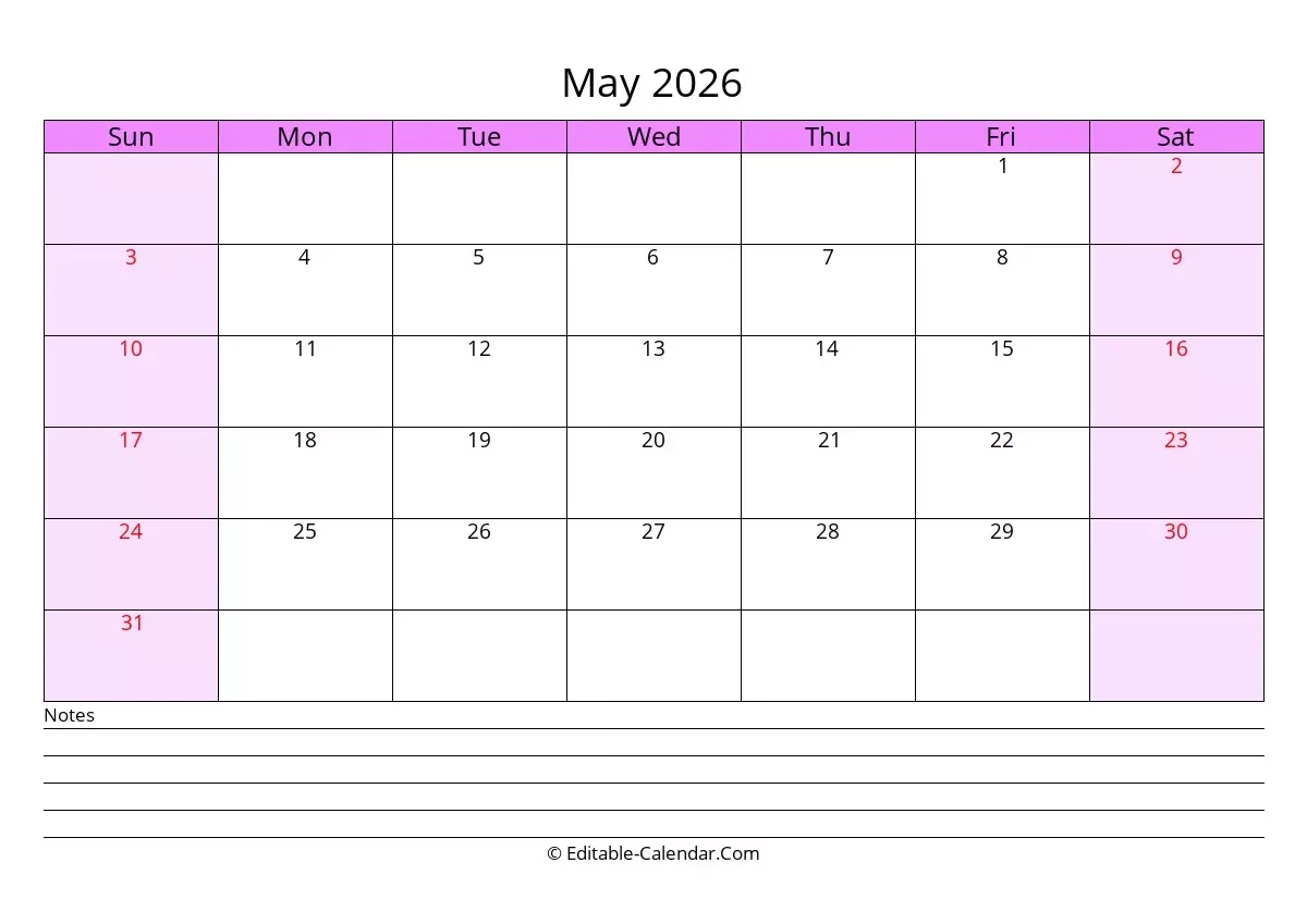 Editable Calendar May 2026 In Excel Word PDF
