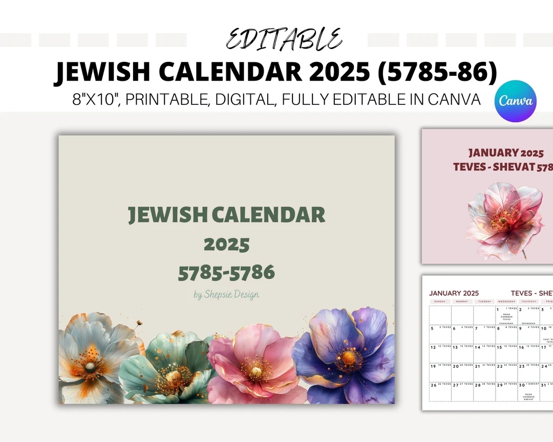 EDITABLE Jewish Calendar 2025 Hebrew Calendar 5786 Printable Jewish Calendar 5785 Jewish Holidays Calendar For Wall With Holidays Etsy