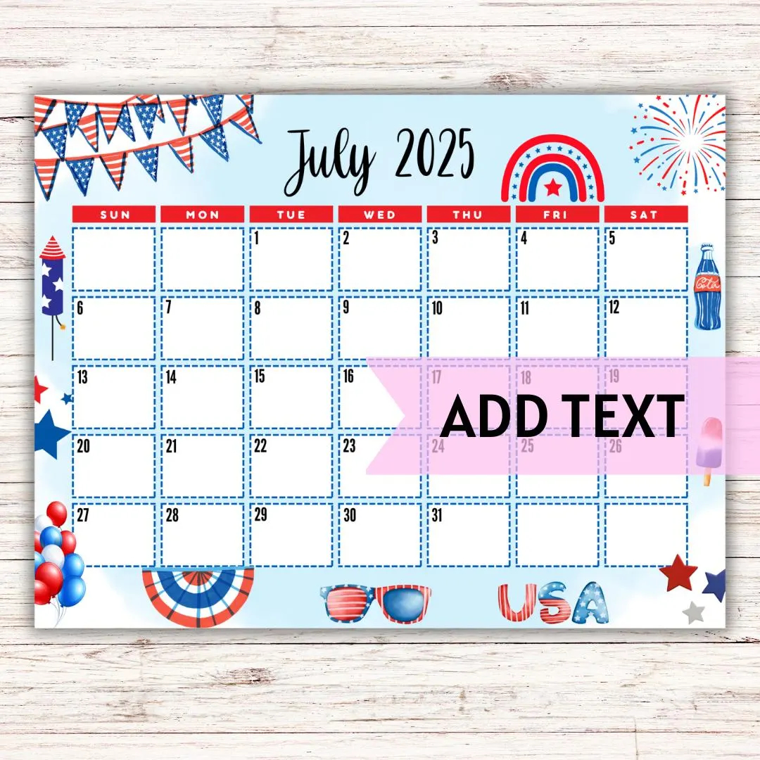 editable printable july calendar 2025 cute 4th of july calendar family calendar july 2025 calendar fillable calendar etsy