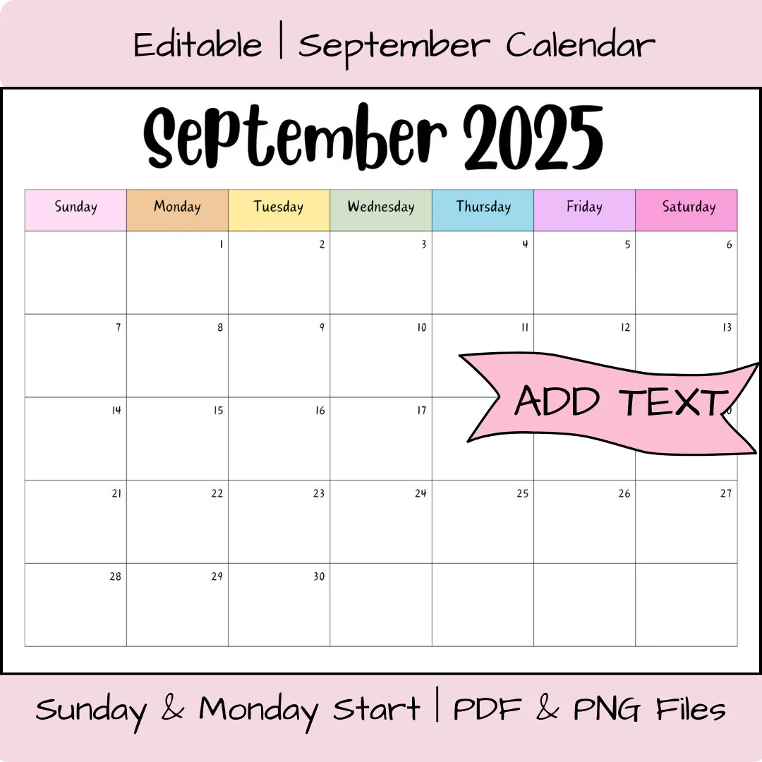 editable september 2025 calendar printable digital download wall calendar planner fall calendar rainbow school planner etsy