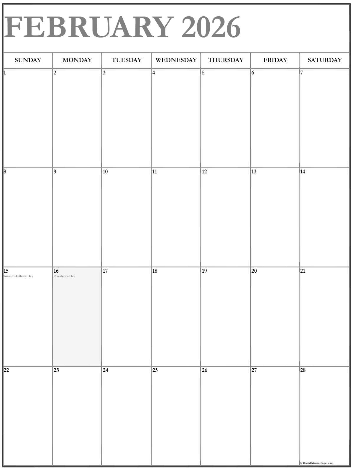 February 2026 Vertical Calendar Portrait