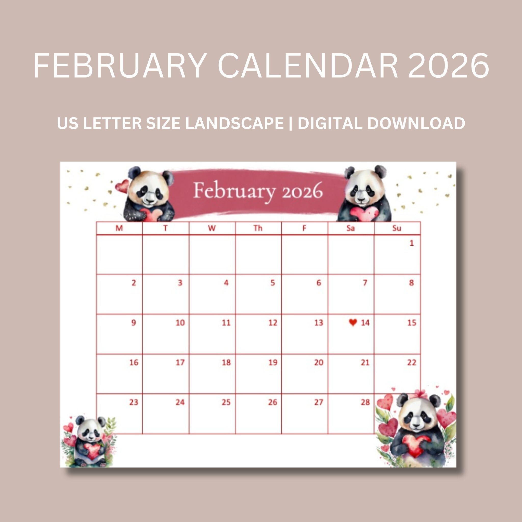 February Calendar Valentine Calendar Panda Calendar 2026 Printable Calendar 2026 February Calendar Valentines Day School Schedule Etsy Australia